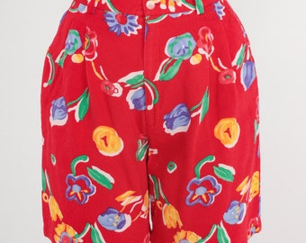 Vintage Red Floral Shorts 90s High Waisted Shorts Retro Bright Flower Print Mom Shorts Summer Textured Cotton 1990s Small 26