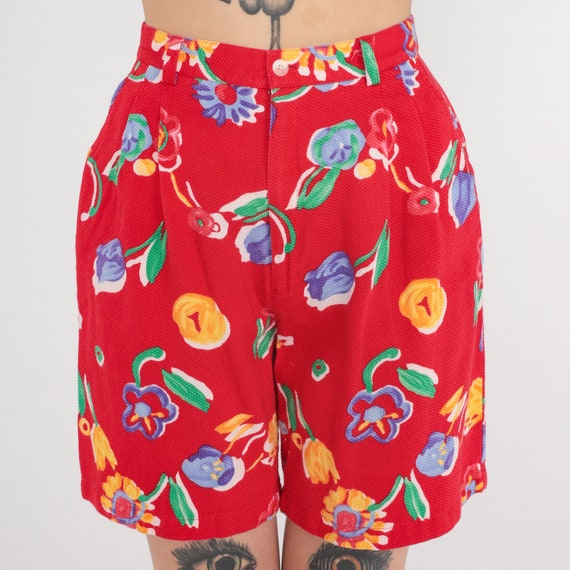 Vintage Red Floral Shorts 90s High Waisted Shorts Retro Bright Flower Print Mom Shorts Summer Textured Cotton 1990s Small 26