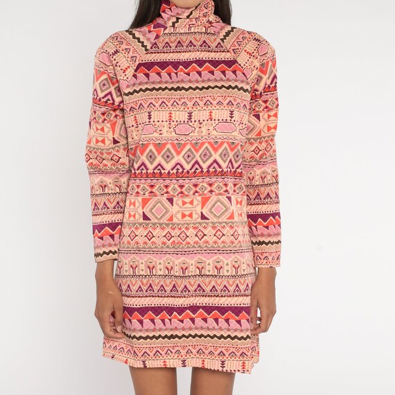 Mod Mini Dress 60s Geometric Aztec Print Pink Moc… - image 6