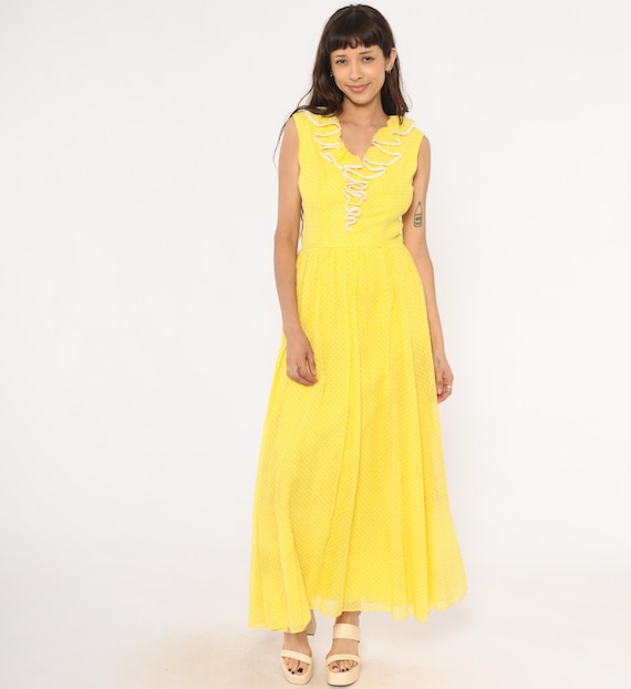 70s Yellow Prairie Ruffle Maxi Dress Polka Dot Sleeveless Gathered Waist Skirt White Trim Feminine Summer Lemon Cottagecore Vintage Medium M