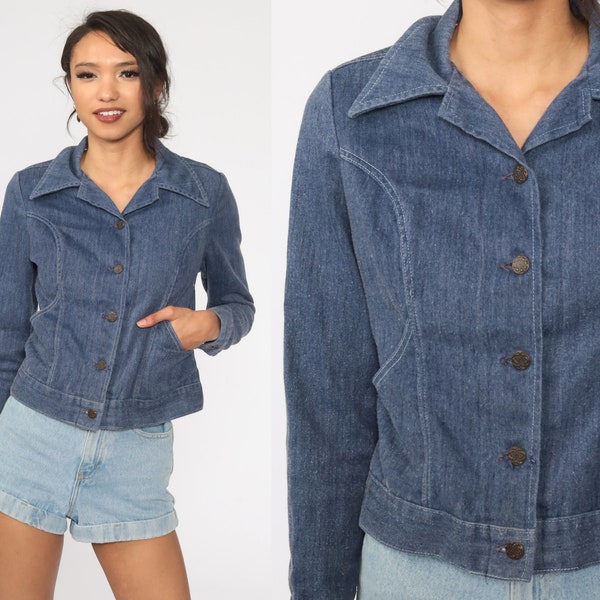 70s Denim Jacket Boho Blue Biker Jean Jacket Vintage Bohemian 1970s Hipster Button Up Extra Small xs