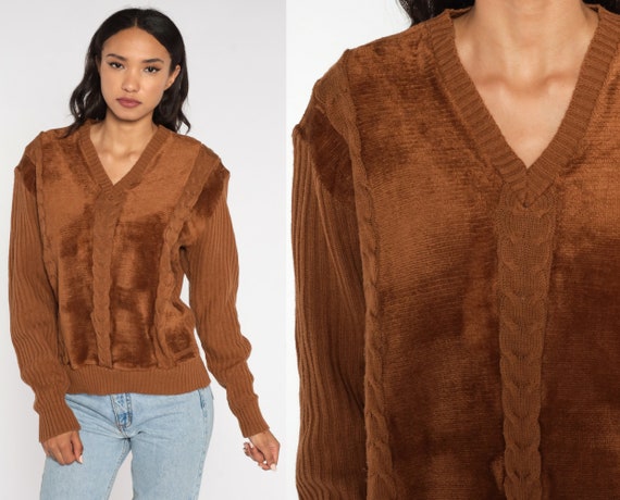 Cable Knit Sweater 70s Brown Velour Sweater Striped V Neck Sweater Slouchy Pullover 80s Boho Vintage Bohemian Medium