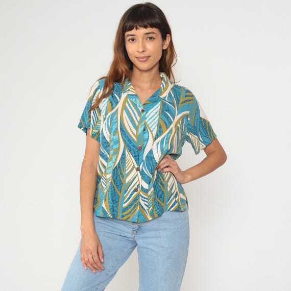 Y2K Hawaiian Shirt Blue Teal Leaf Print Collar Tropical Vacation Beach Summer Vintage Botanical Palm Print Island Paradise Luau Medium M