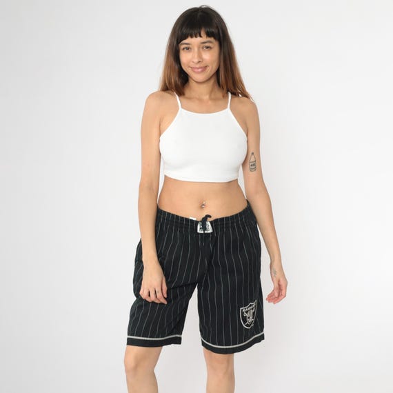 Vintage Raiders Starter Shorts 90s Black NFL Football Los Angeles Athletic Pinstriped Gym Shorts 1990s Sportswear Streetwear Men's Large