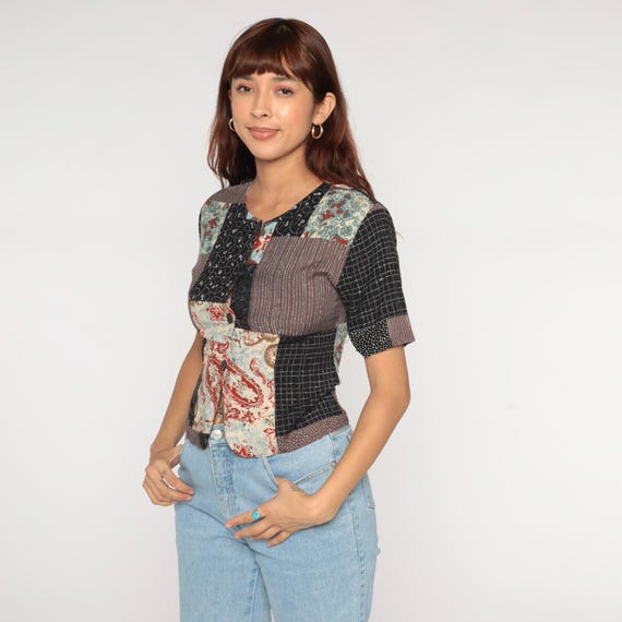 80s Patchwork Blouse Cropped Black Brown Cream Fl… - image 4