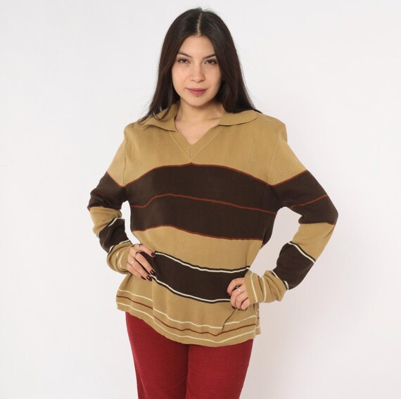 Distressed 80s Striped Polo Sweater Brown Tan Rust Colorblock Knit V Neck Collared Grandpa Preppy Alfie California Cream Grunge Alt Medium M