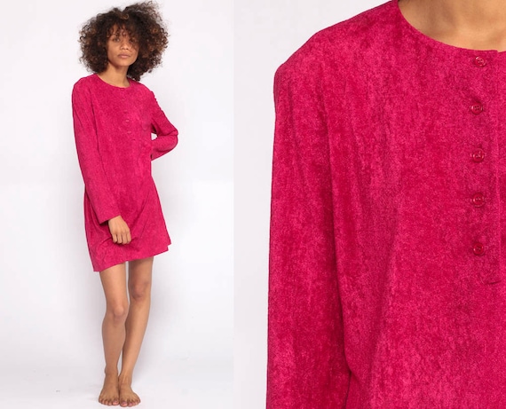 Hot Pink Dress Terry Cloth Dress 80s Mini Button Up Dress Long Sleeve 70s Retro Bright Dress Vintage Shift Small Medium