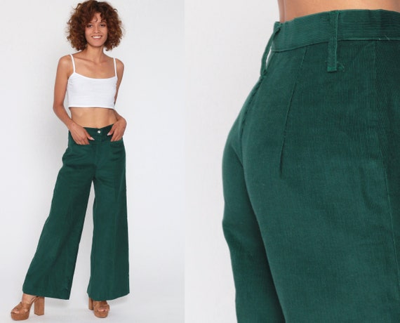 Corduroy BELL BOTTOM Pants 70s Hippie Dark Green High… - Gem