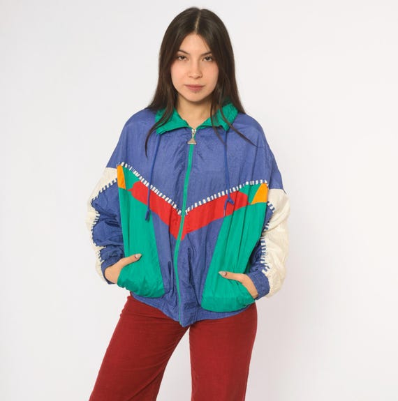 90s Windbreaker Jacket Color Block Purple Green Red Track Coat Sporty Athletic Shell White Blue Striped Trim Casual Isle Vintage Small S