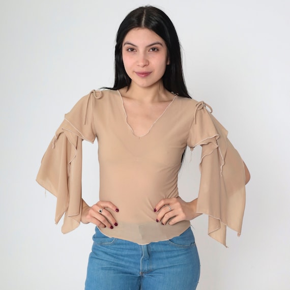 Sheer Mesh Top Y2K Draped Cap Sleeve Shirt Nude Tan Blouse Party Glam Going Out V Neck Flounce Tight Bodycon Top Vintage 00s Small S