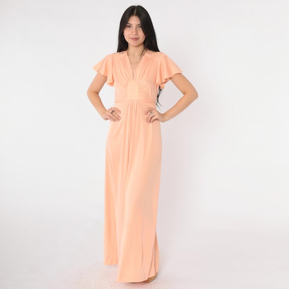 70s Peach Grecian Dress Flutter Sleeve Party Maxi 1970s Boho High Waist Disco Dress Long Drape Gown Formal V Neck Small S