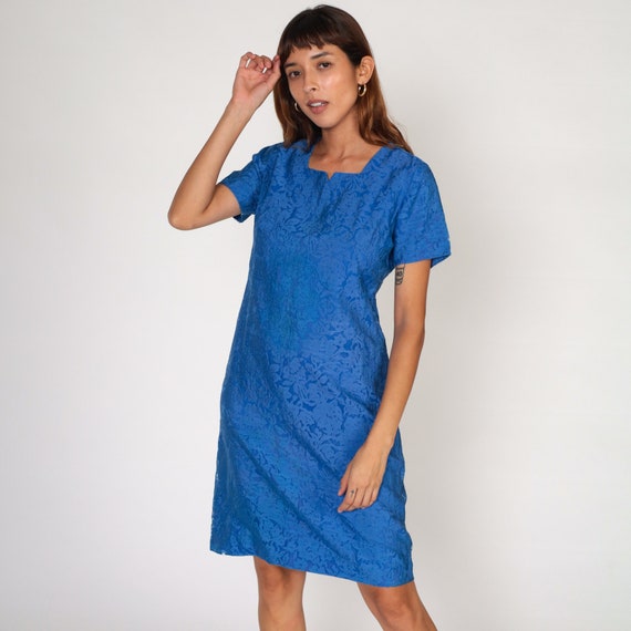 Blue Embossed Dress 60s Mod Mini Dress Floral Party Dress Short Sleeve Shift Retro Cocktail Evening Formal Sixties Chic Vintage 1960s Small
