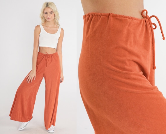 Orange Velour Pants 70s Palazzo Pants Wide Leg Bell Bottoms Bohemian Hippie Trousers High Waisted Boho Festival Summer Vintage 1970s Medium