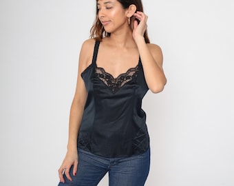 Black Cami Top Lace Lingerie Top Camisole Tank Top 80s 90s Cami Top V Neck Gothic Boho Romantic Vintage Bohemian Goth Large L