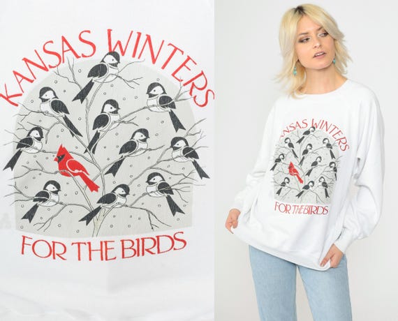 Winter Bird Sweatshirt 90s Kansas Pullover Sweater Snow Graphic Shirt Retro White Crewneck Raglan Sleeve Vintage 1990s Large