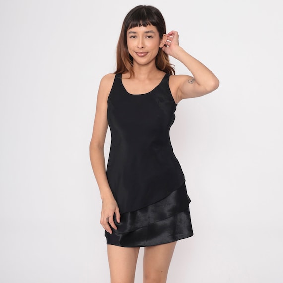 Little Black Dress y2k Tiered Satin Flounce Mini Party Sheath Dress Retro Asymmetrical Sleeveless LBD Cocktail Vintage 00s Extra Small xs
