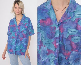 Watercolor Floral Blouse 90s Button Up Shirt Purple Pink Teal Short Sleeve Top Flower Print Collared Vintage 1990s Oversized Large L