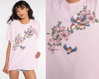 Blumen Vogel Shirt 90er Jahre TShirt Vintage Baby PinkShirt Retro T Shirt Grafik Tee Wildnis Siebdruck 1990er Jahre t shirt Large L