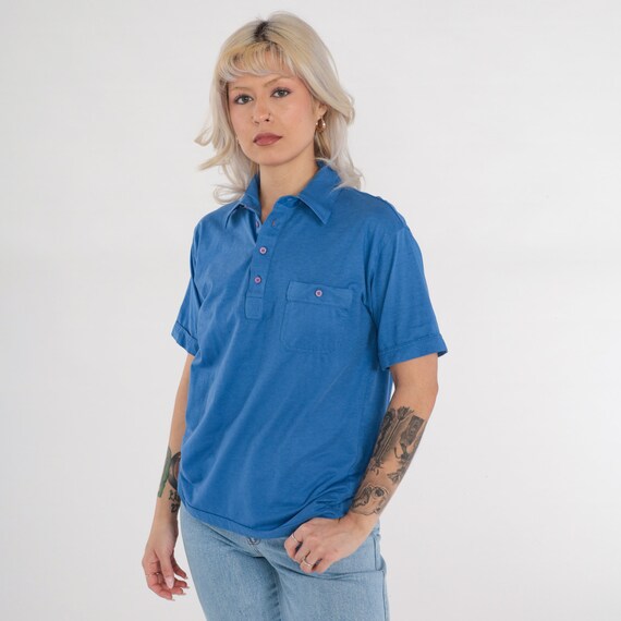 Vintage Blue Polo Shirt 80s Button Up Short Sleeve Collared T-Shirt Retro Plain Tshirt Basic Collar Preppy Chest Pocket Casual 1980s Medium