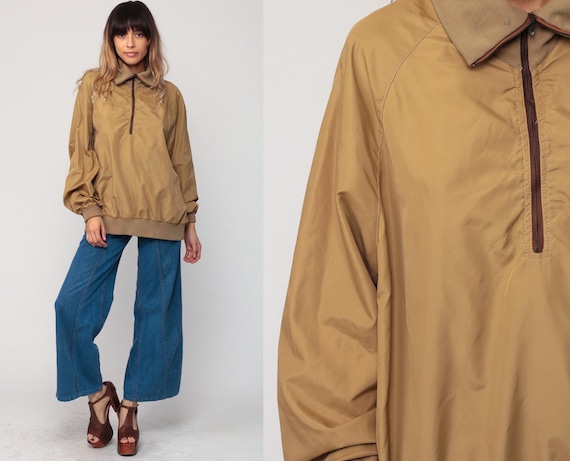 70s Jacket Retro Jacket 80s Windbreaker Jacket Half Zip Pullover Jacket Light Brown Raglan Sleeve Hipster Vintage 1980s Extra Large xxl 2xl