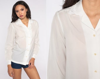 Semi-Sheer White Blouse 80s Button Up Shirt Boho Top Lace Collar Long Sleeve Top Hipster Bohemian 1980s Vintage Plain Medium