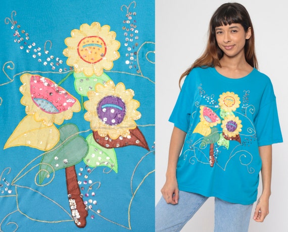 Sequined Floral T Shirt 90s Turquoise Flower Tee Embellished