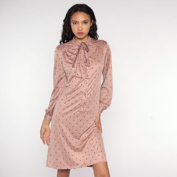 70s Ascot Dress Brown Midi Polka Dot Dress Button Up Dress Shirtdress Shift 1970s Long Sleeve Vintage Twiggy Shirt Dress Medium