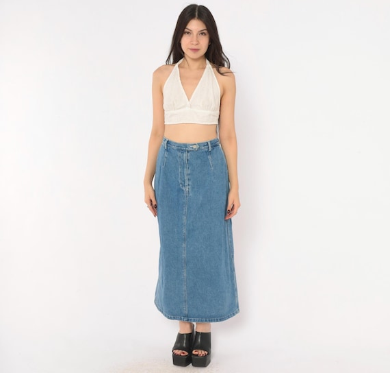 90s Denim Maxi Skirt High Waist Blue Jean Cotton Straight Long Ankle Length Pockets Medium Wash Grunge Western Vintage Womens Extra Large XL