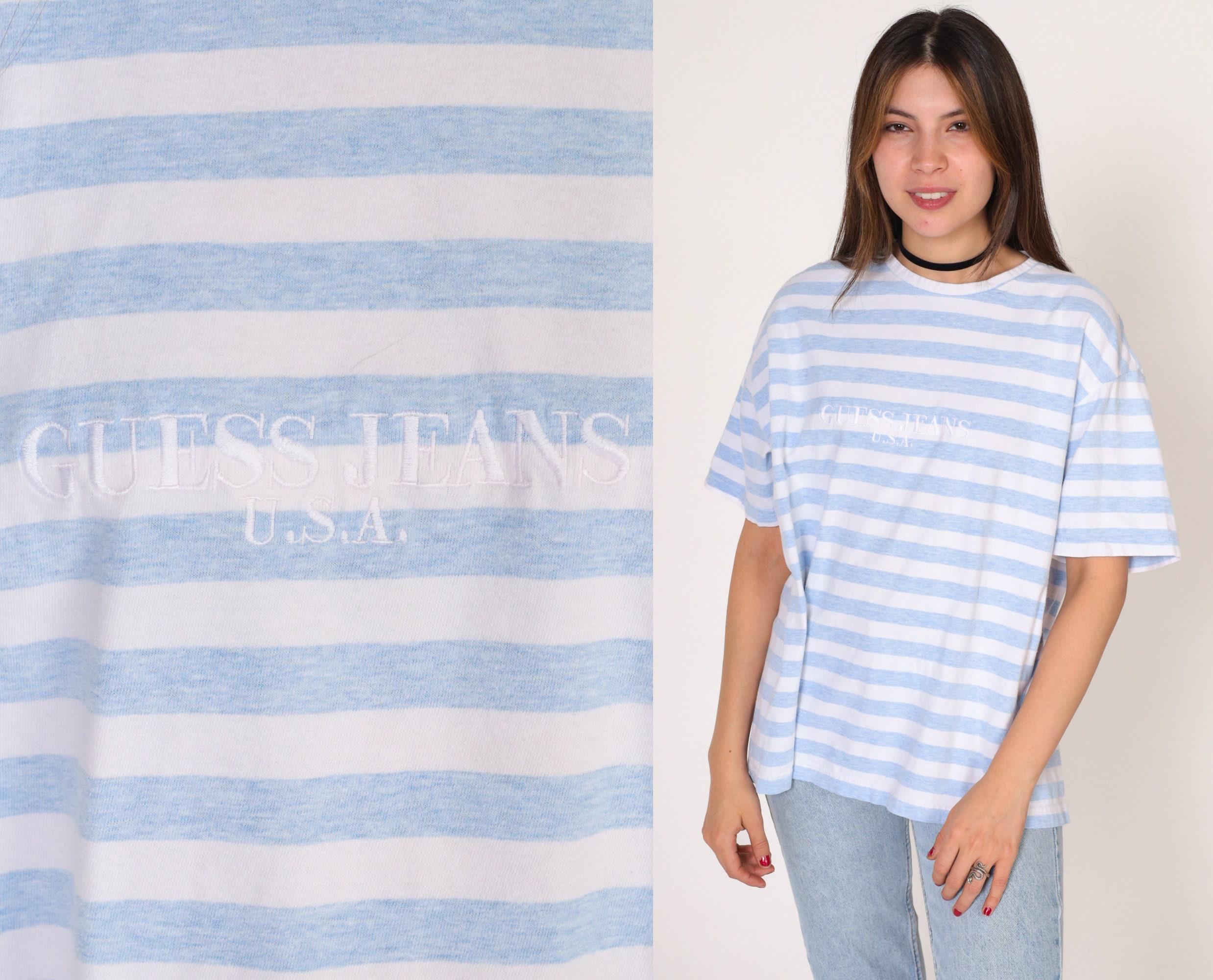 Endelig Opdage Tolk Guess Jeans USA T-Shirt Y2K Striped Embroidered Logo Shirt White Blue  Simple Basic Plain Streetwear Tee Retro TShirt Vintage 00s Large L