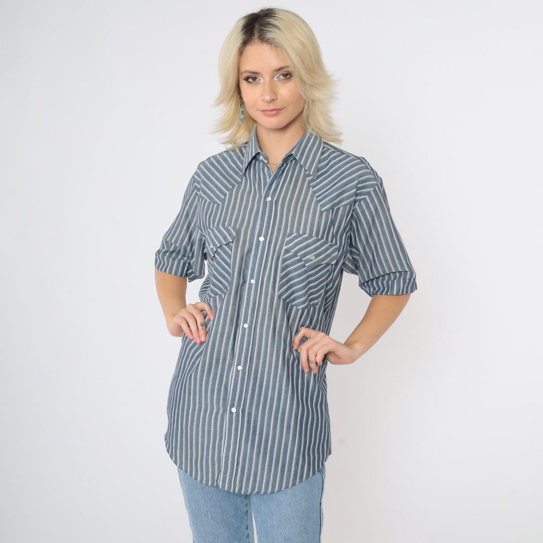 Vintage Striped Pearl Snap Shirt 90s Grey Western Shirt Button up Short ...