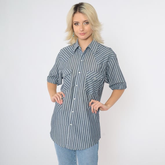 Vintage Striped Pearl Snap Shirt 90s Grey Western Shirt Button Up Short Sleeve Collared Shirt Oxford Pocket 1990s Rodeo Men's Small
