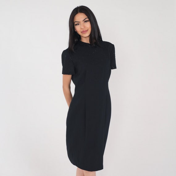 Beaded Black Dress 90s Button Back Pencil Dress Party Formal Midi Short Sleeve High Neck Sheath Cocktail Sparkly Chic Vintage 1990s Medium 8