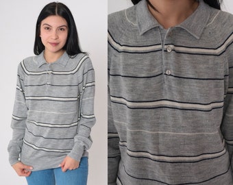 Grey Striped Sweater 80s Polo Sweater Collared Knit Pullover Half Button up Jumper Raglan Sleeve White Black Preppy Vintage 1980s Medium M