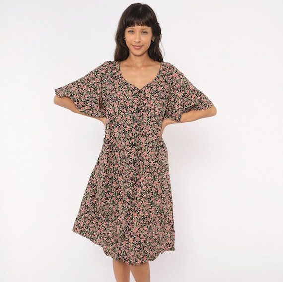 90s Rose Print Dress Black Pink Floral V Neck Flutter Sleeve Cottagecore Prairie Garden Party Tie Back Waist Summer Frock Vintage Large L