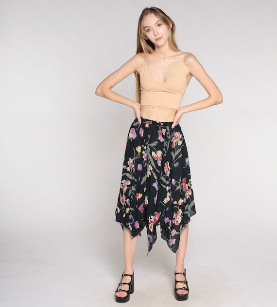Vintage Hanky Hem Skirt Y2K Black Floral Midi Skirt Bohemian Flowy Handkerchief Fairycore Festival High Waist Flower Print 00s Small Medium