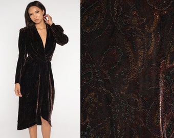 Velvet Wrap Dress 90s Brown Metallic Paisley Floral Dress Midi Cocktail Party Deep V Neck Bohemian 1990s Vintage Long Puff Sleeve Small 4