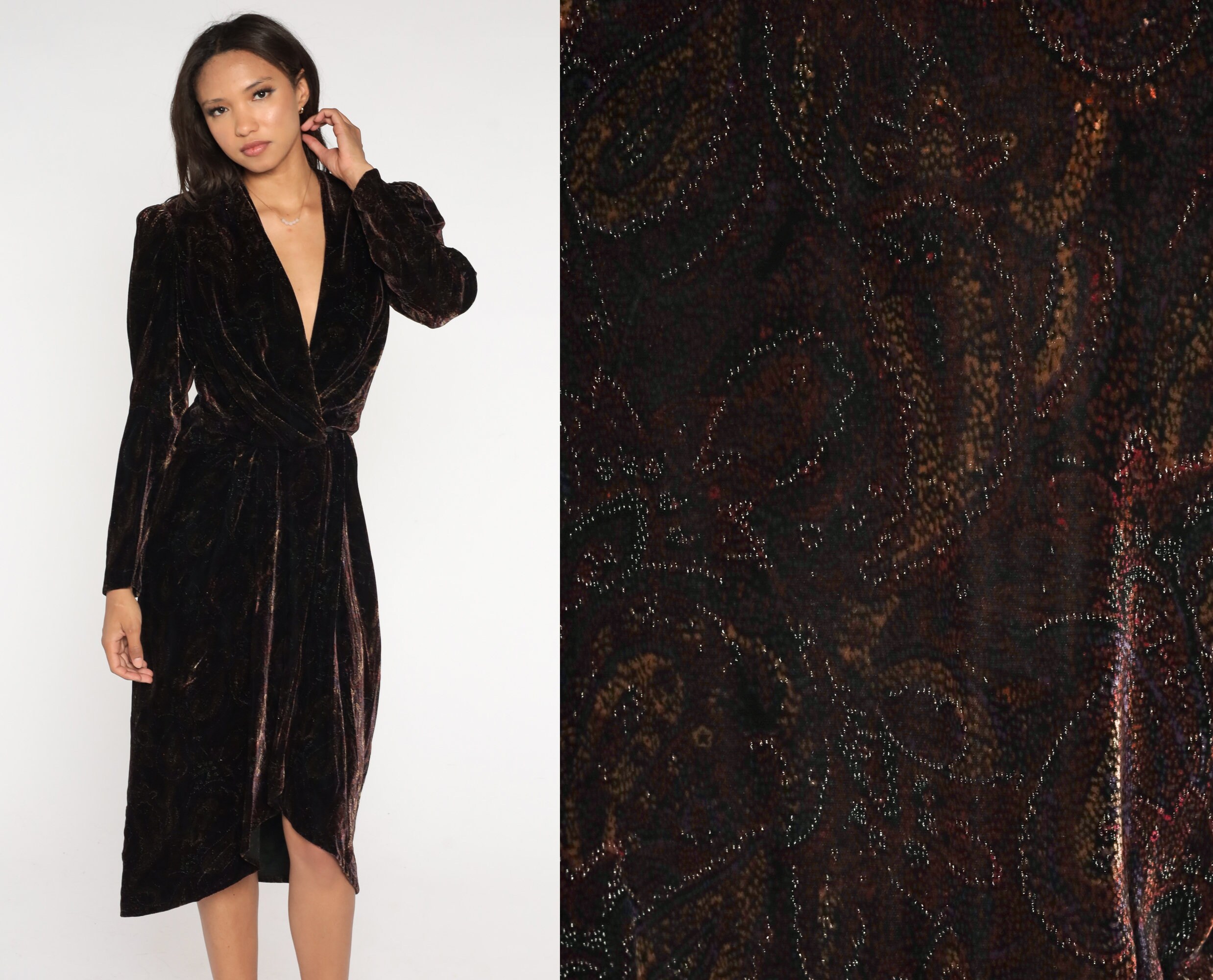 Velvet Wrap Dress 90s Brown Metallic Paisley Floral Dress Midi Cocktail Party Deep V Neck Bohemian 1990s Vintage Long Puff Sleeve Small 4