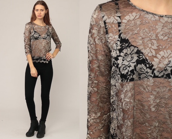 Sheer Lace Top Sheer Blouse Metallic Shirt 80s Boho Hipster Long Sleeve Bohemian 1980s Floral See through Romantic Party Small Medium