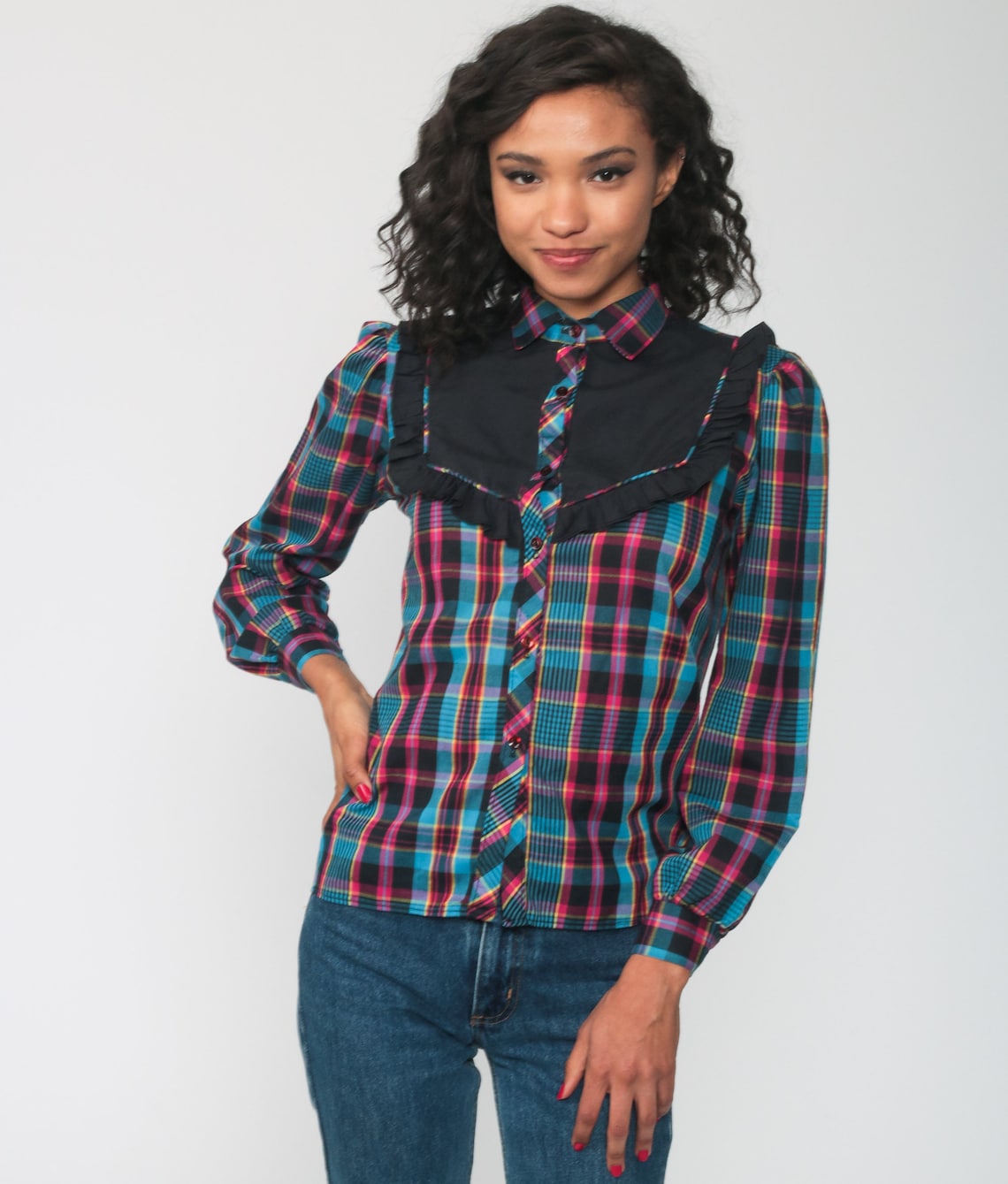 Western Plaid Shirt PUFF Sleeve Blouse 80s Shirt Blue Pink | Etsy