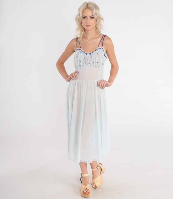70s Nightgown Sheer Blue Slip Dress Floral Embroidered Lace Trim Midi Lingerie Nightie Sleeveless Empire Waist Boudoir Vintage 1970s Small S