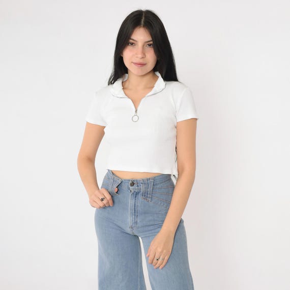 90s White Crop Top Ring Pull Zip Up Shirt Lace Trim Cropped Blouse Mock Neck Short Sleeve Vintage 1990s Plain Basic Ribbed Shirt Small xs