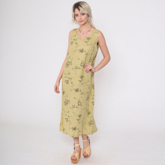 90s Floral Dress Muted Chartreuse Linen Dress Grunge Boho Slit Neckline Bohemian Midi 1990s Sleeveless Vintage Garden Party Medium 10