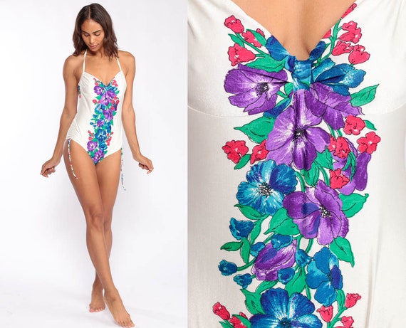 Halter Swimsuit One Piece Bathing Suit 70s Swimsuit Floral Bathing Suit BACKLESS Boho Swim Suit Vintage Onepiece Pin Up Retro Extra Small xs