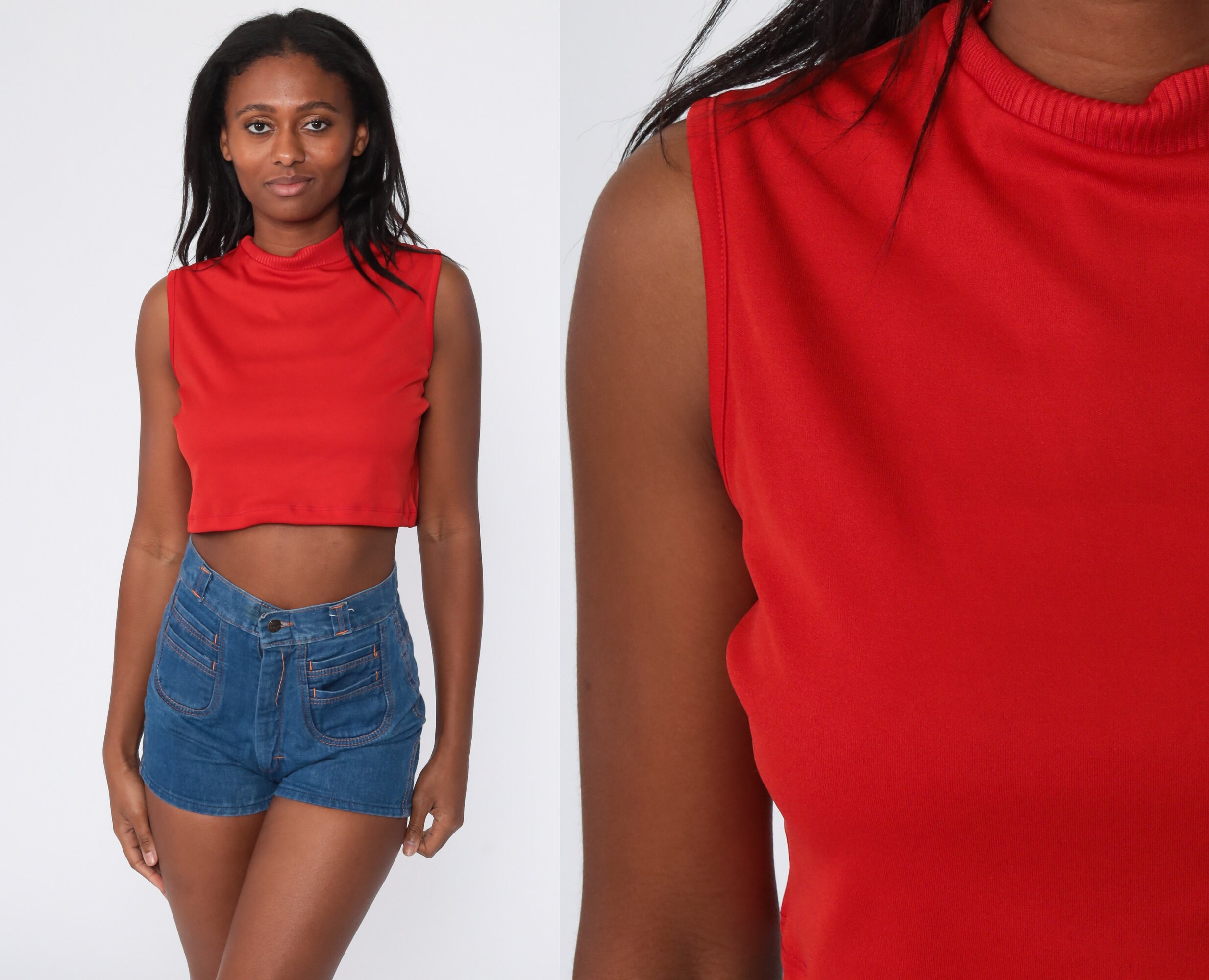 Mock Neck Crop Top Red Shirt Retro 