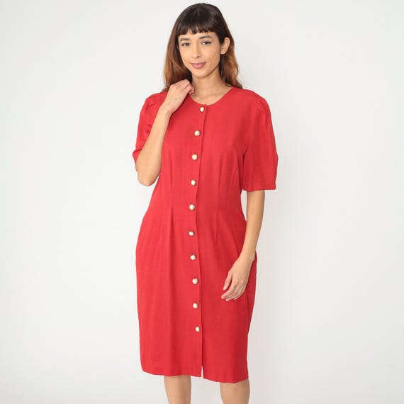 Red Secretary Dress 90s Short Sleeve V Neck Gold Pearl Buttons Professional Office Work Classic Vintage Business Career Workwear Medium M