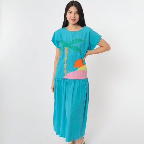 Vintage Blue Tropical Beach Dress 80s Graphic Palm Tree Dress Turquoise Midi Keyhole Back Boho 1980s Drop Waist Short Sleeve Summer Small