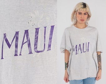 Maui T-Shirt 90s Hawaii Shirt Purple Tropical Palm Tree Graphic Tee Tourist Travel Surfer Retro Single Stitch Heather Grey Vintage 1990s XL
