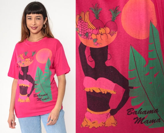 Vintage Bahama Mama Shirt 80s 90s Tropical Fruit Bikini Babe Beach Tee 1980s Hot Pink Graphic T Shirt Retro Cotton Tutti Frutti Hat Medium