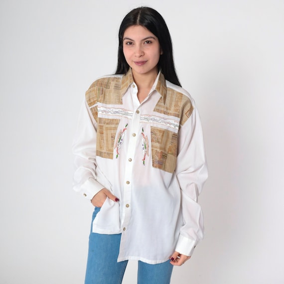 White Embroidered Shirt 90s Abstract Yoke Button Up Shirt Long Sleeve Shirt Tan Geometric Collared Retro Cotton Vintage 1990s Large L