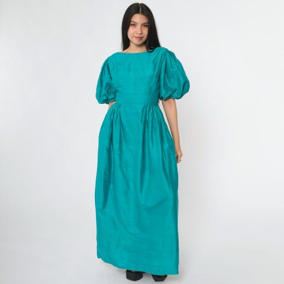 Vintage Teal Puff Sleeve Gown 80s Silk Dupioni Style Formal Dress 1980s Evening Maxi Low Back Full Skirt Pockets Extra Small xs